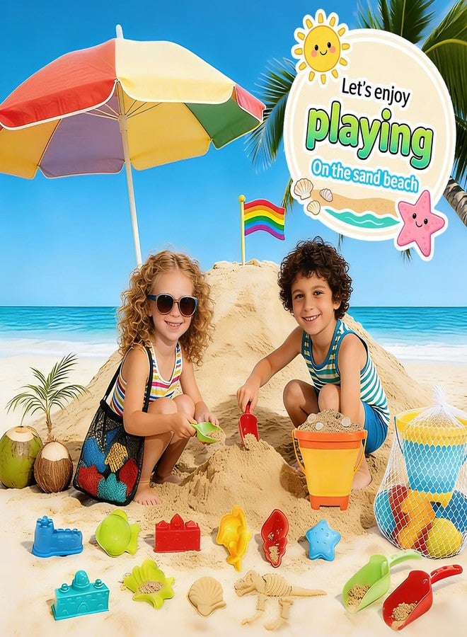 MicQutr Foldable Beach Bucket and Shovel Set for Kids, 20PCS Sand Toys with Sand Molds (Castle, Dinosaur, Sea Animal) & Mesh Bag, Toddler Collapsible Outdoor Sand Toys for Beach, Sandbox, Pool, Summer Gift - Image 2