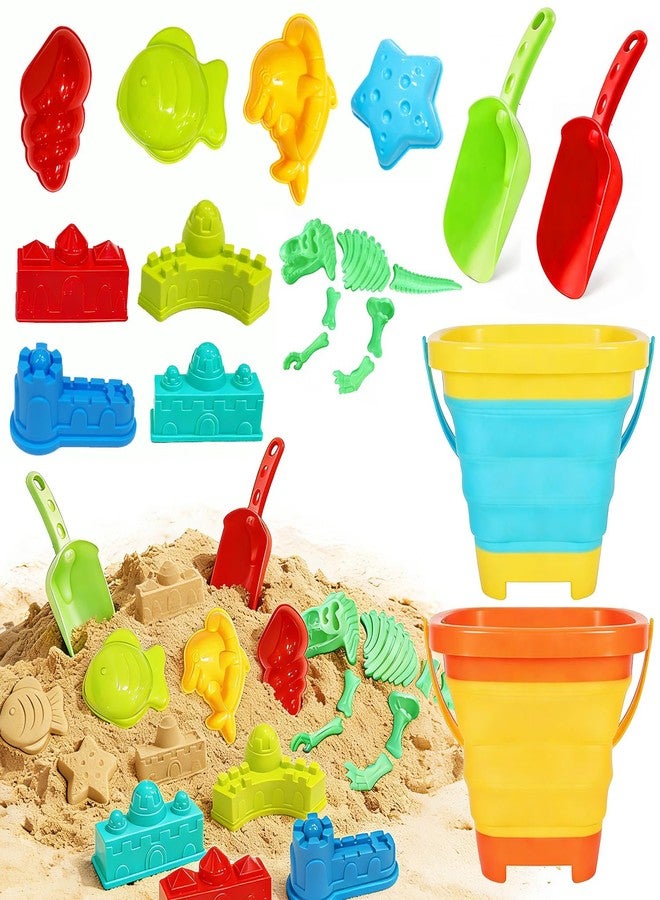 MicQutr Foldable Beach Bucket and Shovel Set for Kids, 20PCS Sand Toys with Sand Molds (Castle, Dinosaur, Sea Animal) & Mesh Bag, Toddler Collapsible Outdoor Sand Toys for Beach, Sandbox, Pool, Summer Gift - Image 1