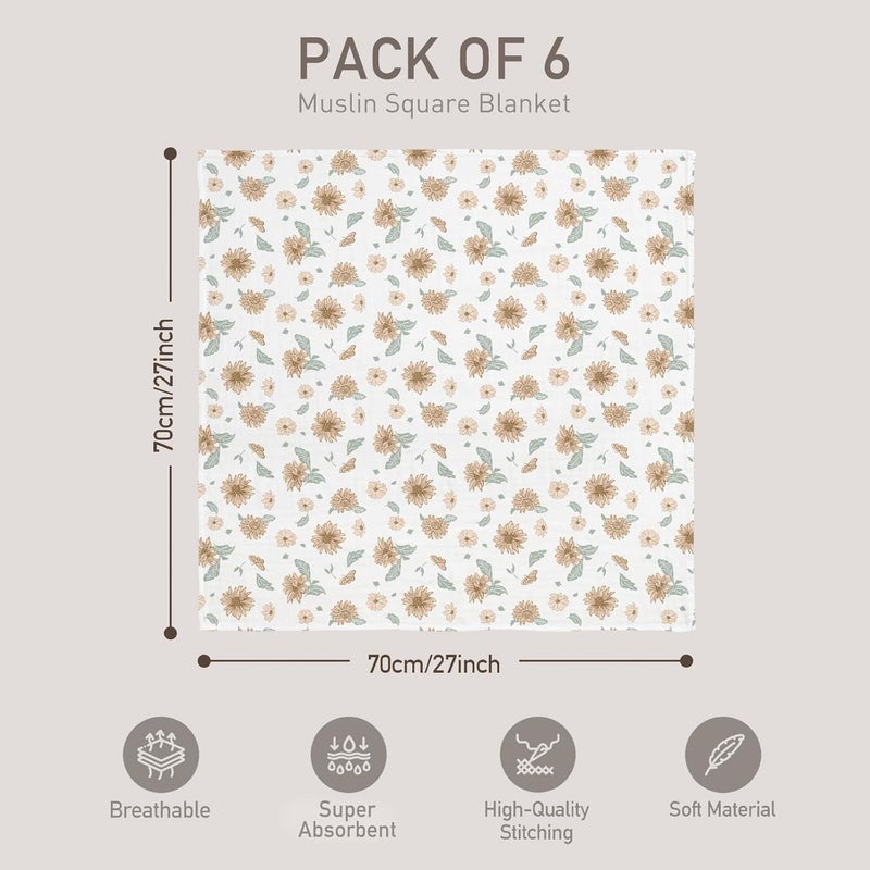 6 Pack Muslin Swaddle Blankets - Soft and Breathable Infant Receiving Blankets (Sunflower) - Image 4