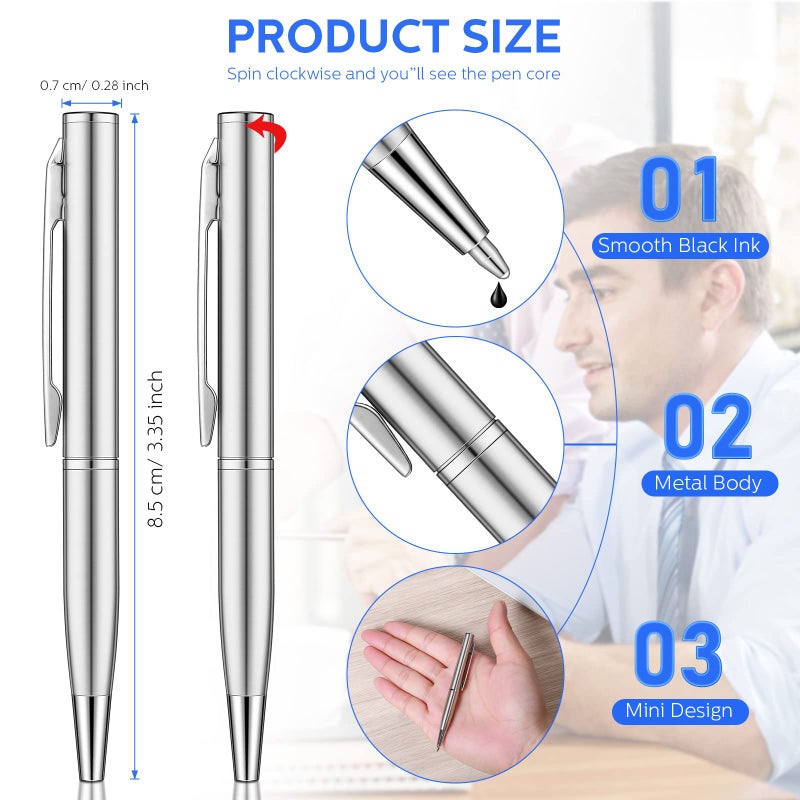 Chinco 16 Pcs Silver Mini Pens Bulk Small Ballpoint Pen Metal Stainless Steel Point Pens Pack with Copper Fittings for Pockets Notebook Notepads Office School, 3 Inch - Image 2