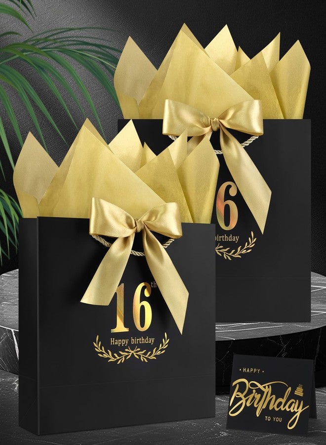 JMANNI Black Gold 16th Birthday Gift Bag with Card and Tissue Paper, 12.6"×9.84"×3.9" Elegant Present Bag for Teens, 16 Year Old Birthday Keepsake Party Supplies - Image 2