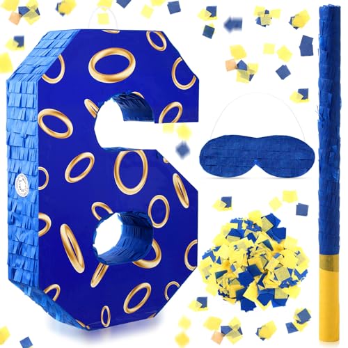 Simgoing Number 6 Blue and Golden Rings Piata for Kids Birthday Cartoon Theme Small Piata with Blindfold Stick Confetti for Fiesta Cinco De Mayo Party Decor 158 x 11 x 28 Inch - Image 1