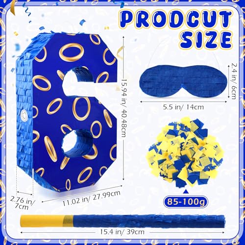 Simgoing Number 6 Blue and Golden Rings Piata for Kids Birthday Cartoon Theme Small Piata with Blindfold Stick Confetti for Fiesta Cinco De Mayo Party Decor 158 x 11 x 28 Inch - Image 5