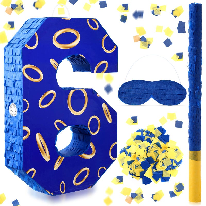 Simgoing Number 6 Blue and Golden Rings Piata for Kids Birthday Cartoon Theme Small Piata with Blindfold Stick Confetti for Fiesta Cinco De Mayo Party Decor 158 x 11 x 28 Inch - Image 3