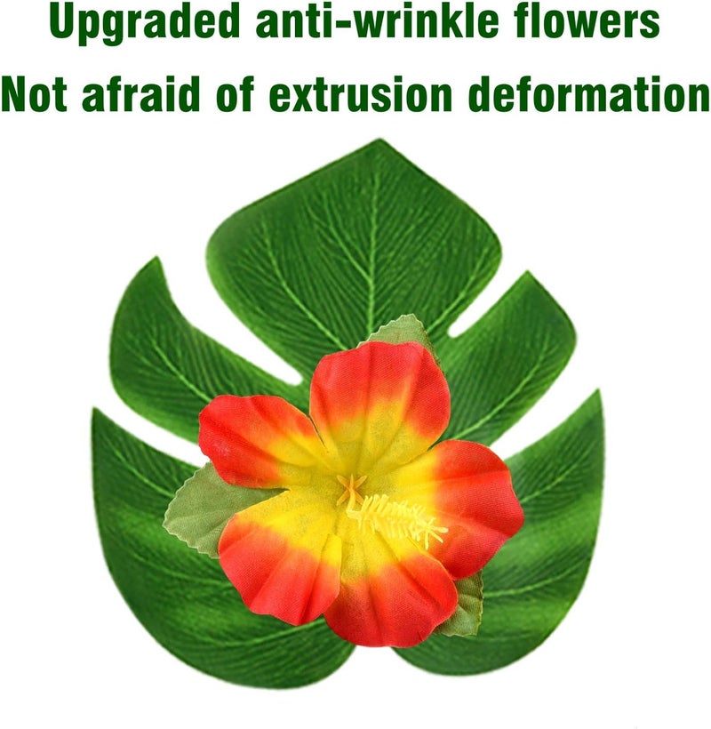 KUUQA 60 Pcs Wrinkle Prevention Flowers and Tropical Leaves for Tropical Party Decorations Supplies Artificial Hibiscus Flowers Tropical Palm Leaves for Hawaiian Safari BBQ Luau Party Decorations - Image 2