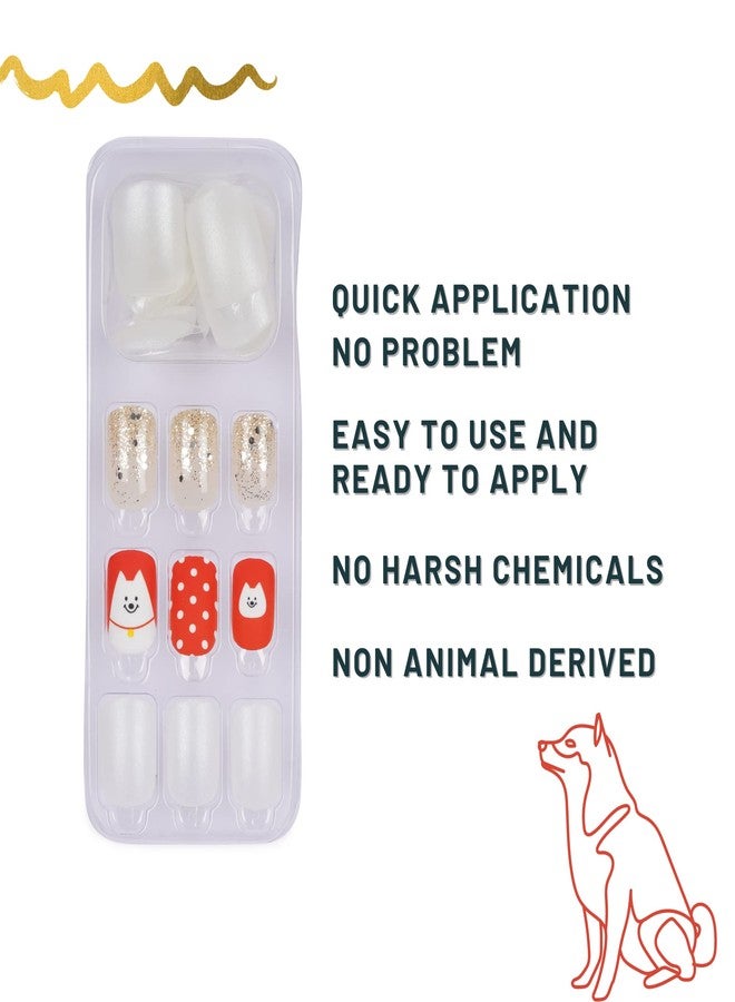 ليك أظافر اصطناعية قابلة لإعادة الاستخدام من الأكريليك، 30 قطعة، مع مجموعة أدوات التركيب، شكل مربع، أبيض مع طباعة حمراء وبريق بلون البشرة (عبوة من 30 قطعة). - Image 2