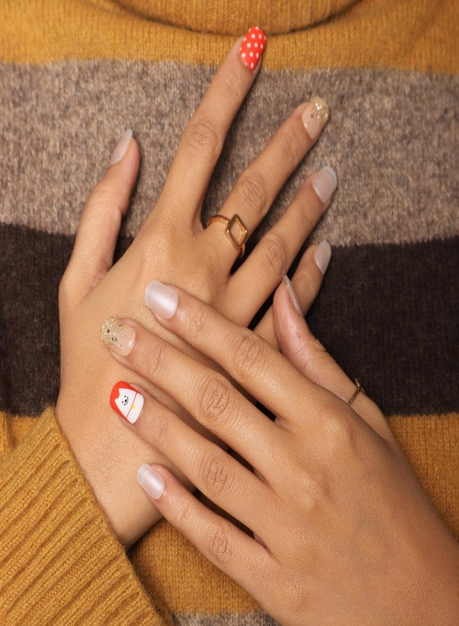 ليك أظافر اصطناعية قابلة لإعادة الاستخدام من الأكريليك، 30 قطعة، مع مجموعة أدوات التركيب، شكل مربع، أبيض مع طباعة حمراء وبريق بلون البشرة (عبوة من 30 قطعة). - Image 5