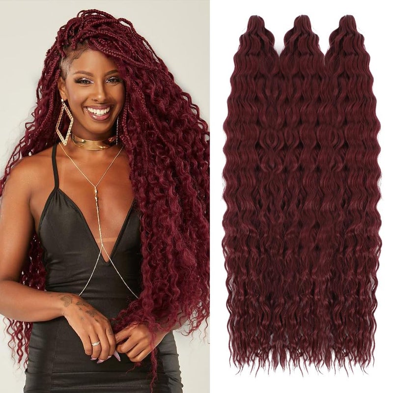 Felek 30inch Ocean Wave Crochet Braiding Hair 3 Packs Burgundy Color Deep Water Crochet Braids Hair Wavy Curly Synthetic Crochet Braided Hair For Black WomenBug