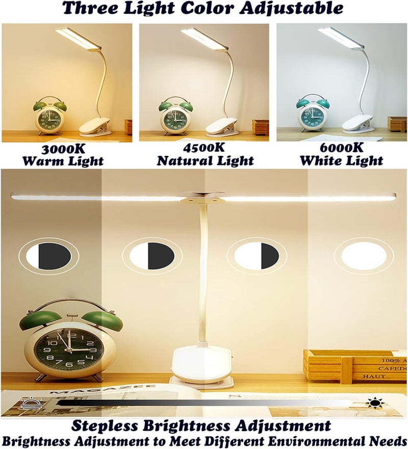رايتشر مصباح مكتب LED، مصابيح كتب برأسين مع مشبك، مصابيح كتابة مرنة قابلة للتعديل بزاوية 360 درجة، مع تحكم باللمس، منفذ شحن USB، مصباح دراسة للأطفال، المنزل، المكتب (أبيض) - Image 3