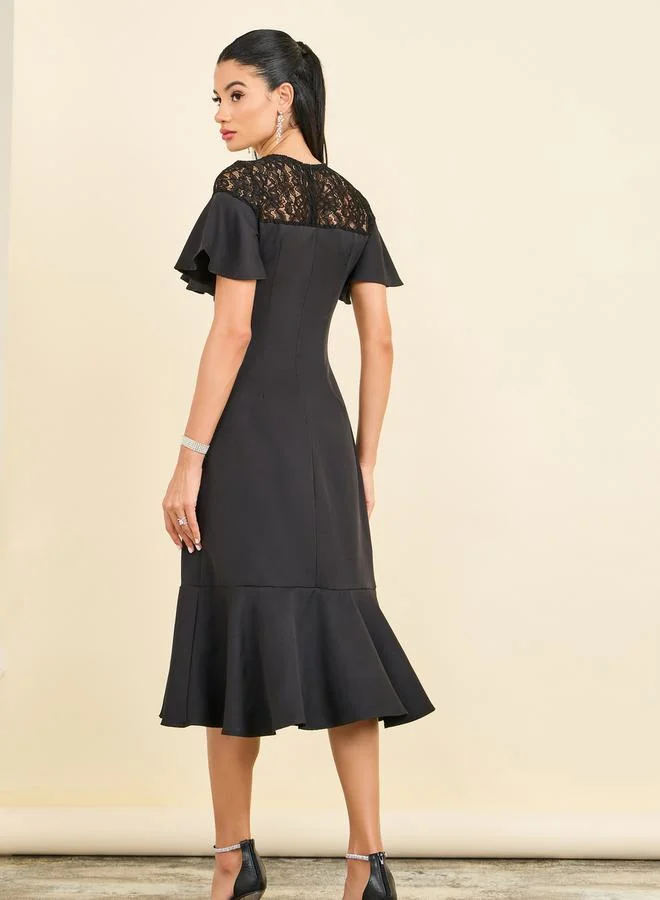 Styli Lace Ruffle Midi Dress