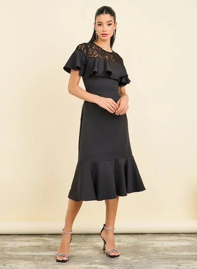 Styli Styli Lace Detail Ruffle A-Line Midi Dress
