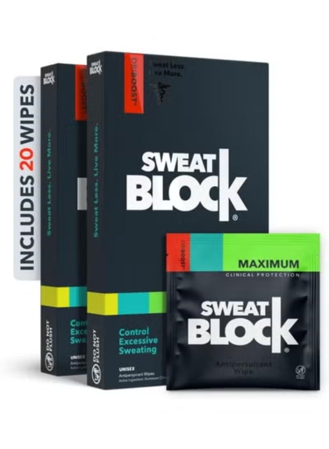 Sweatblock Clinical Strength Antiperspirant Wipes for Hyperhidrosis (2 Box Deal) - Reduce Sweat Up To 7-days Per Use - Antiperspirant For Men and Women