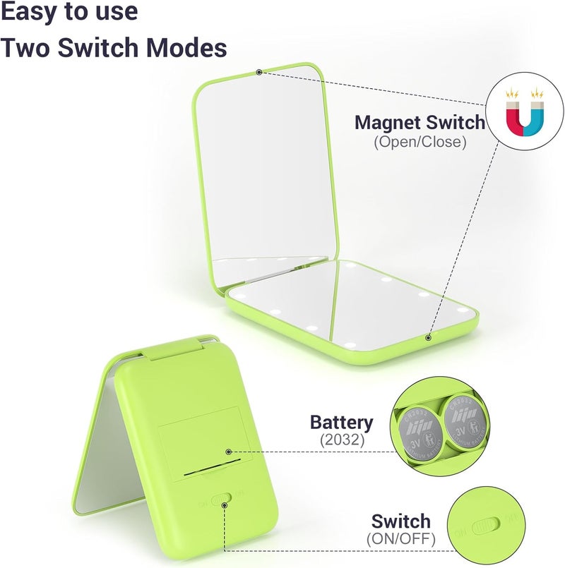 Kintion Pocket Mirror, 1X/3X Magnification LED Compact Travel Makeup Mirror with Light, Lightgrren - Image 5