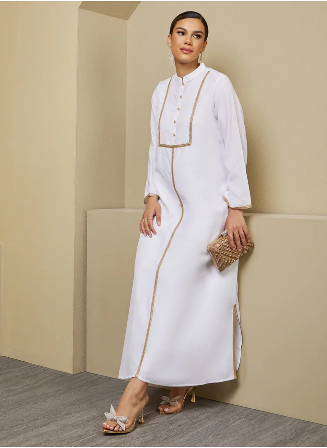 ستايلي Lace Detail Buttoned Mandarin Collar A-Line Jalabyia