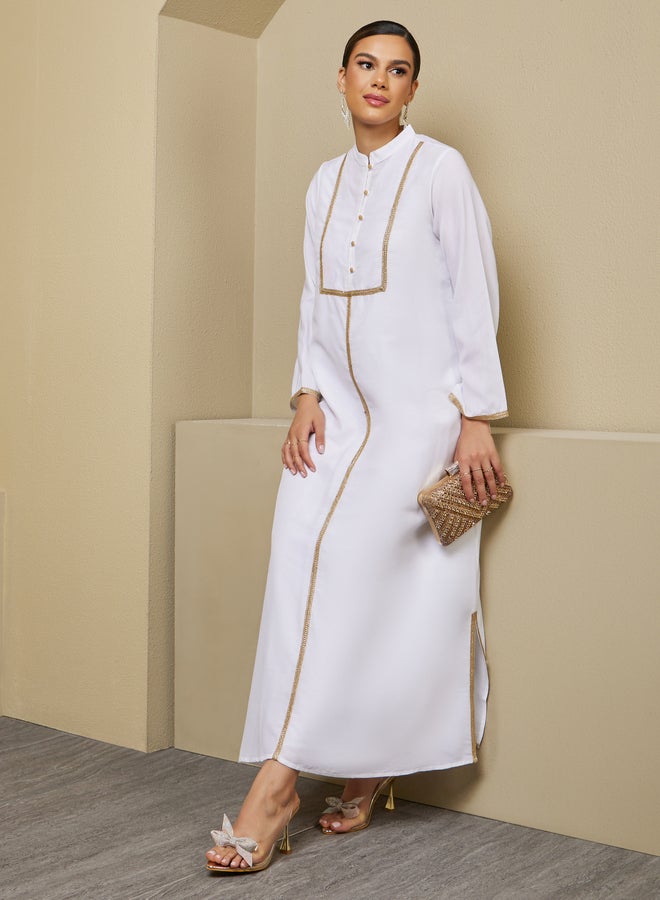 Styli Lace Detail Buttoned Mandarin Collar A-Line Jalabyia  - Image 1