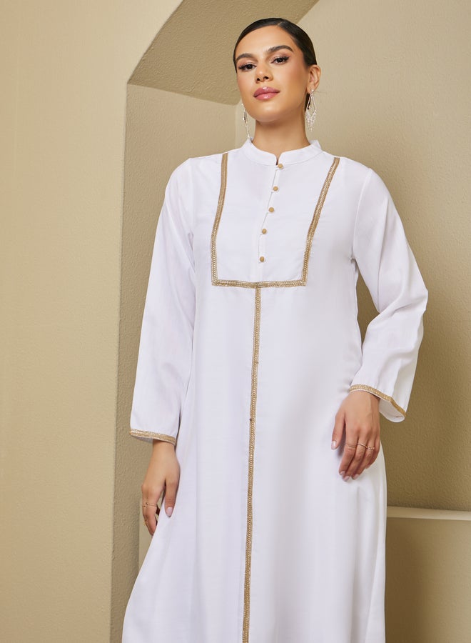 Styli Lace Detail Buttoned Mandarin Collar A-Line Jalabyia  - Image 3