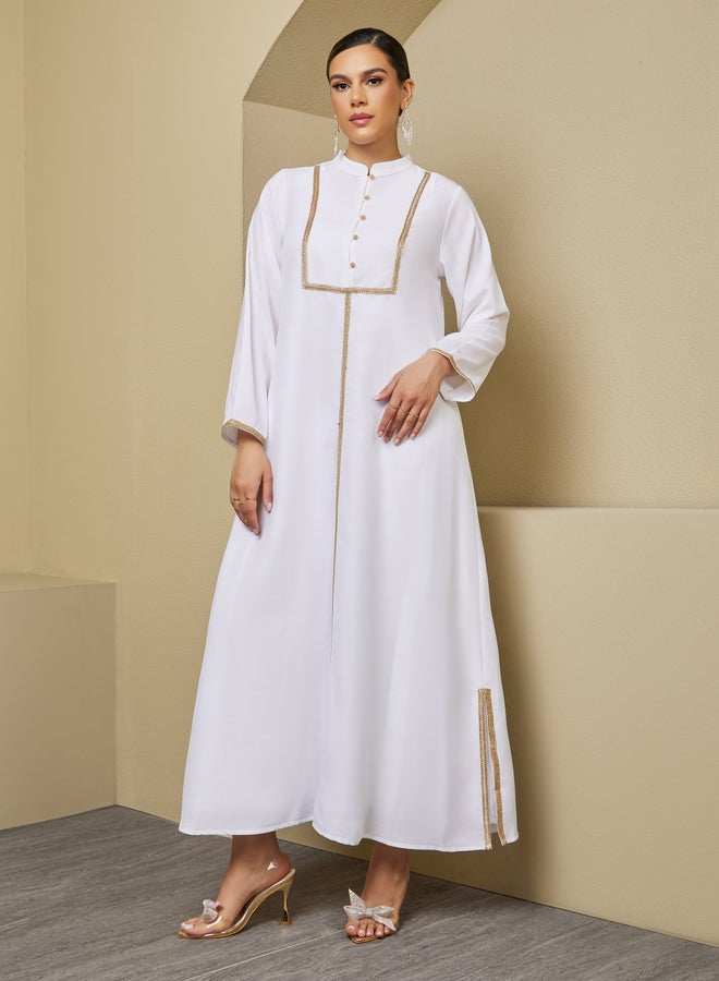 Styli Lace Detail Buttoned Mandarin Collar A-Line Jalabyia  - Image 2