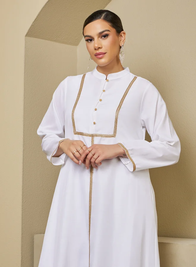 Styli Lace Detail Buttoned Mandarin Collar A-Line Jalabyia