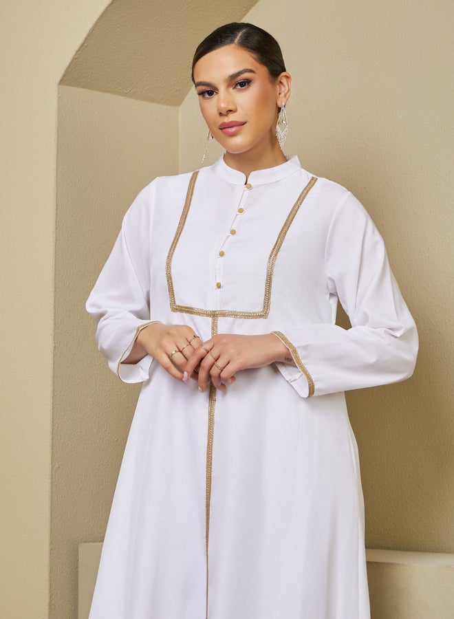 Styli Lace Detail Buttoned Mandarin Collar A-Line Jalabyia  - Image 4