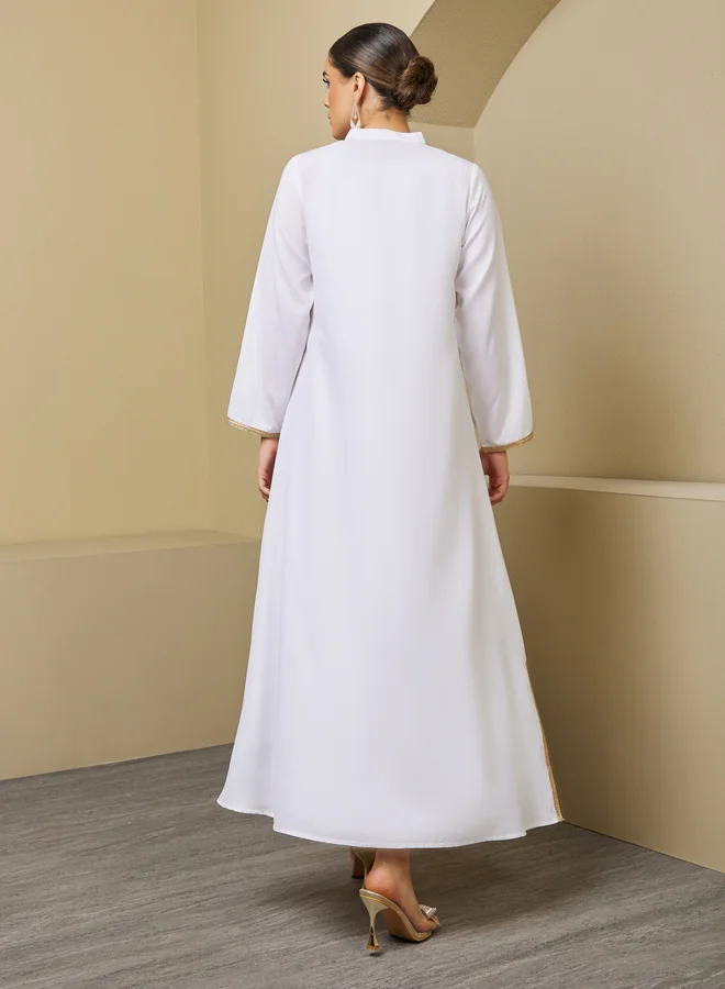 Styli Lace Detail Buttoned Mandarin Collar A-Line Jalabyia