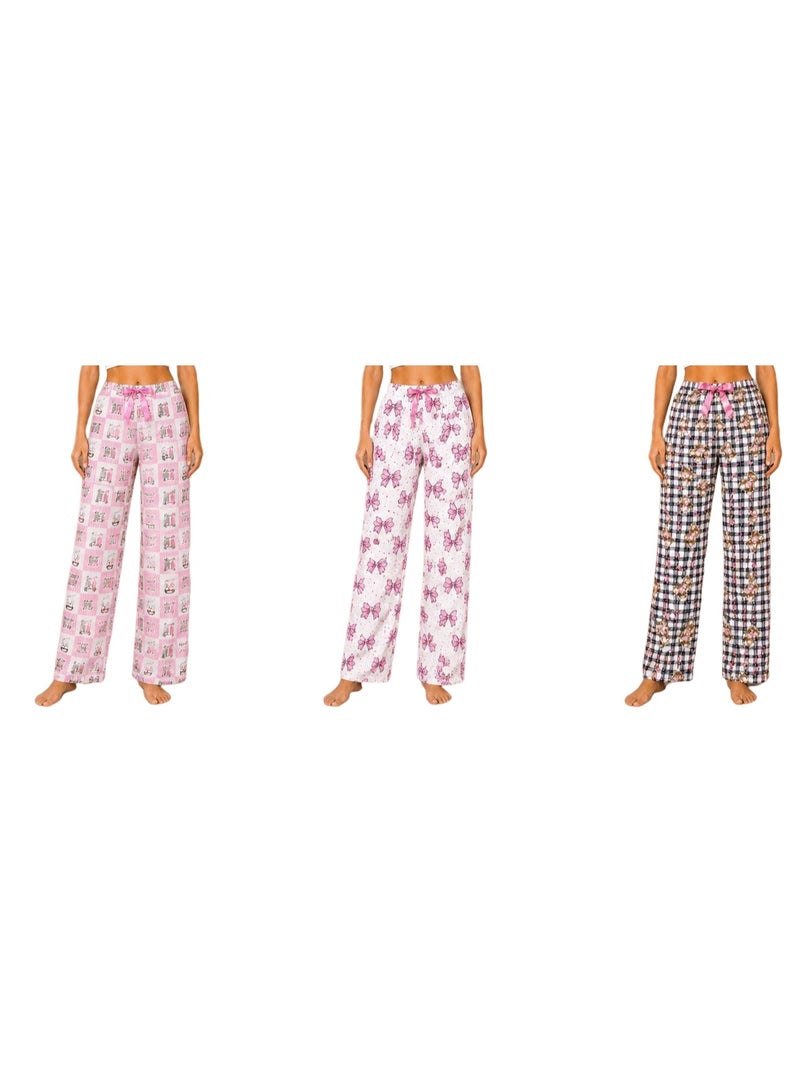 3-Piece Womens Pajama Pants Set 100% Turkish Cotton Sleepwear Soft Lightweight Breathable Lounge Pants Printed Relaxed Fit Ladies Pyjama Bottoms Homewear