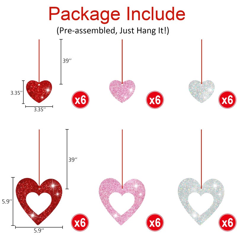 INPLUSTOP 36PCS Valentine's Day Decorations Glitter Heart Hanging Swirls, Red Pink Silver Heart Hanging Decorations, No DIY Valentines Day Hanging Swirl, Valentine's Decor Party Supplies - Image 3