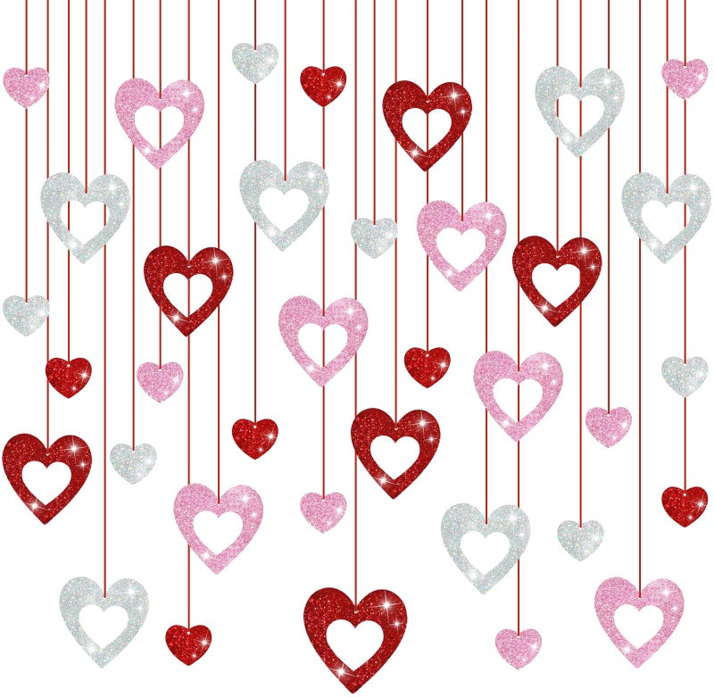 INPLUSTOP 36PCS Valentine's Day Decorations Glitter Heart Hanging Swirls, Red Pink Silver Heart Hanging Decorations, No DIY Valentines Day Hanging Swirl, Valentine's Decor Party Supplies - Image 1
