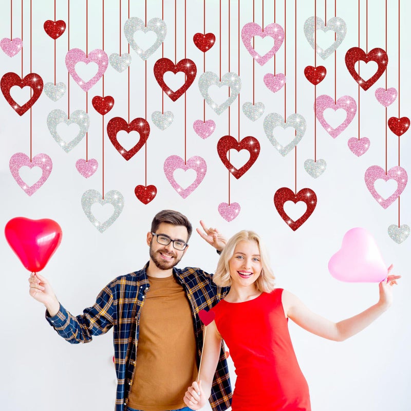INPLUSTOP 36PCS Valentine's Day Decorations Glitter Heart Hanging Swirls, Red Pink Silver Heart Hanging Decorations, No DIY Valentines Day Hanging Swirl, Valentine's Decor Party Supplies - Image 2