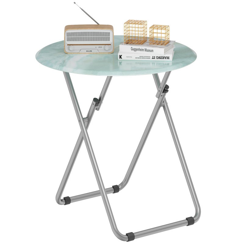 Fleecy day Folding TV Trays, Round Tray Table, Small Foldable Table with Light Weight, Portable Dinner Table for Eating, Snack Side Trays Table, 17.5 x 17.5 x 26 in (Ocean Blue Marble) - Image 1