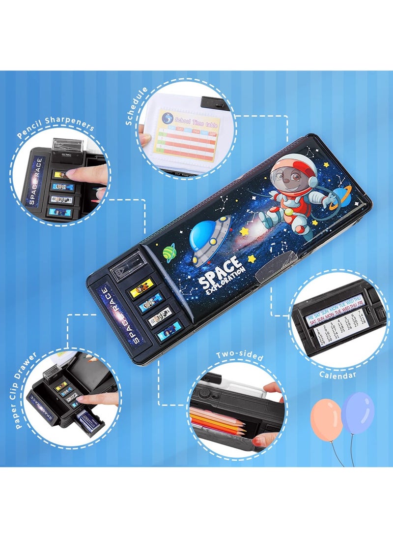 Excefore Pop Up Astronaut Pencil Case for Kids, Multifunction Stationery Organizer Box for Boys, Double-Sided Pencil Case, Cute Cartoon Pen Box Organizer Stationery with Sharpener, Schedule, Whiteboard - Image 3