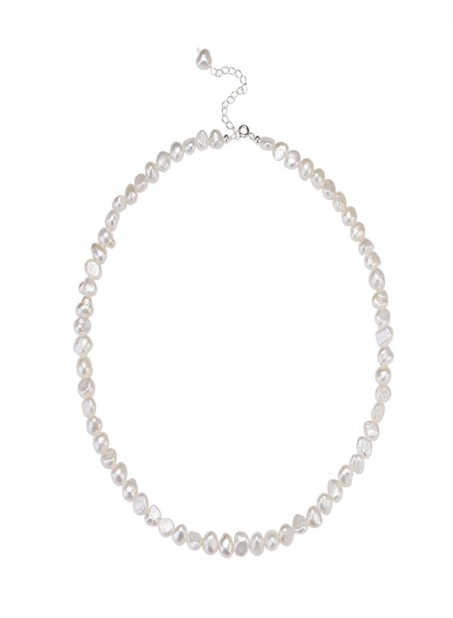 HENGSHENG Natural Pearls Choker Necklace for Women Freshwater Baroque Pearl Strand Necklace Chain Cultured Baroque Pearl 925 Sterling Silver Clasp Choker(White, 5-6mm, Silver Clasp) - Image 1