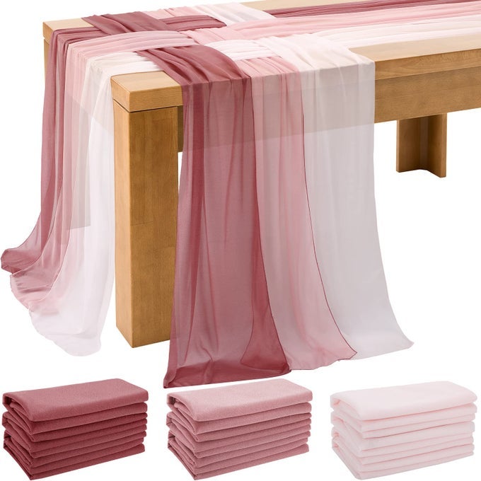 12 PCS CHIFFON TABLE RUNNER 10 FT 15 X 120 INCH SHEER WEDDING DECORATIONS ROMANTIC TABLE RUNNER FOR SWEETHEART TABLE BIRTHDAY WEDDING PARTY BRIDAL SHOWER DUSTY ROSE BLUSHING PINK AND PINK