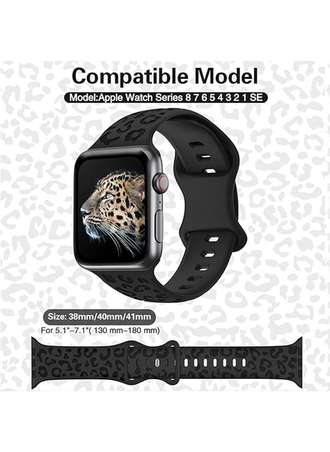 Generic - Leopard Engraved Silicone Watch Band Compatible with Apple Watch Band 38mm 40mm 41mm Soft Cheetah Waterproof Sport Strap Wristbands for iWatch Series 8 7 6 5 4 3 2 1 SE (Black) - Image 1