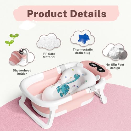 AVIDOR Baby BathtubCollapsible Bathtub for Newborn to ToddlerDurable Essential Infant Bath TubPortable Travel Baby Tub with Soft Bath NetNoSlip Feet and Dinosaur Shaped Pink - Image 3