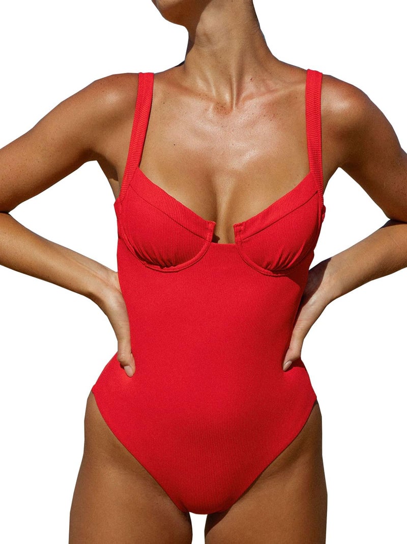 BERLOOK One Piece Swimsuit Women Tummy Control Ribbed Retro Bathing Suits Contrast Trim Knotted Sety Slimming Swimwear Red, XS - Image 1