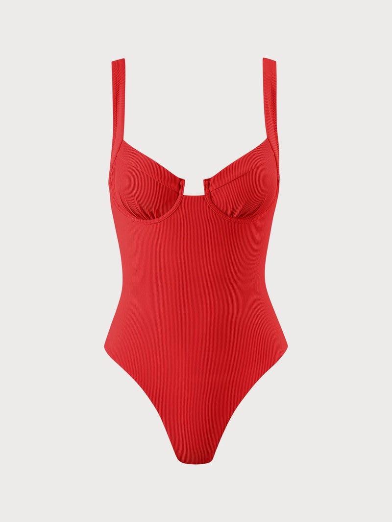 BERLOOK One Piece Swimsuit Women Tummy Control Ribbed Retro Bathing Suits Contrast Trim Knotted Sety Slimming Swimwear Red, XS - Image 5