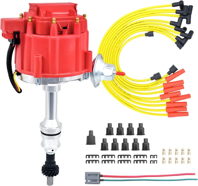 MAS Performance HEI Ignition Distributor w/Cap & Rotor and Spark plug Wire set Compatible with Ford 351 400 460 HEI 65000 Volt Coil KA-1046013 PE332U JM6506BL 351CBLHEI0(Red HEI Kit) - Image 1