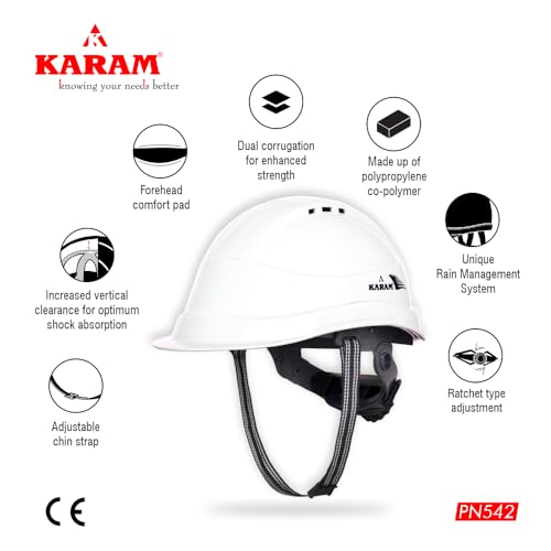 KARAM PN542 Safety Helmet for Men Industrial & Construction Helmet | Ratchet Type Adjustment with Adjustable Chin Strap | Ventilation & Side Slot for Attachment | EN Certified Hard Hat | Super White - Image 2