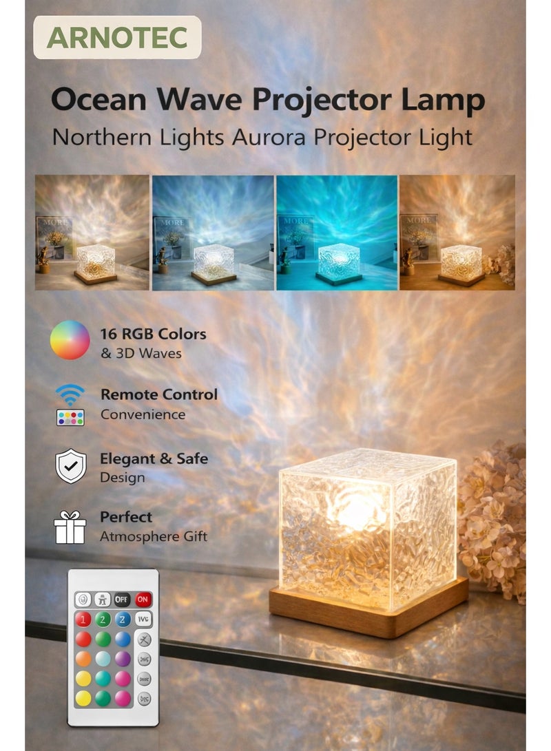 ARNOTEC Ocean Wave Projector Lamp – 16 Colors Aurora Northern Lights Night Light with Remote Control, Crystal Water Ripple Lamp for Bedroom & Room Decor - Image 1