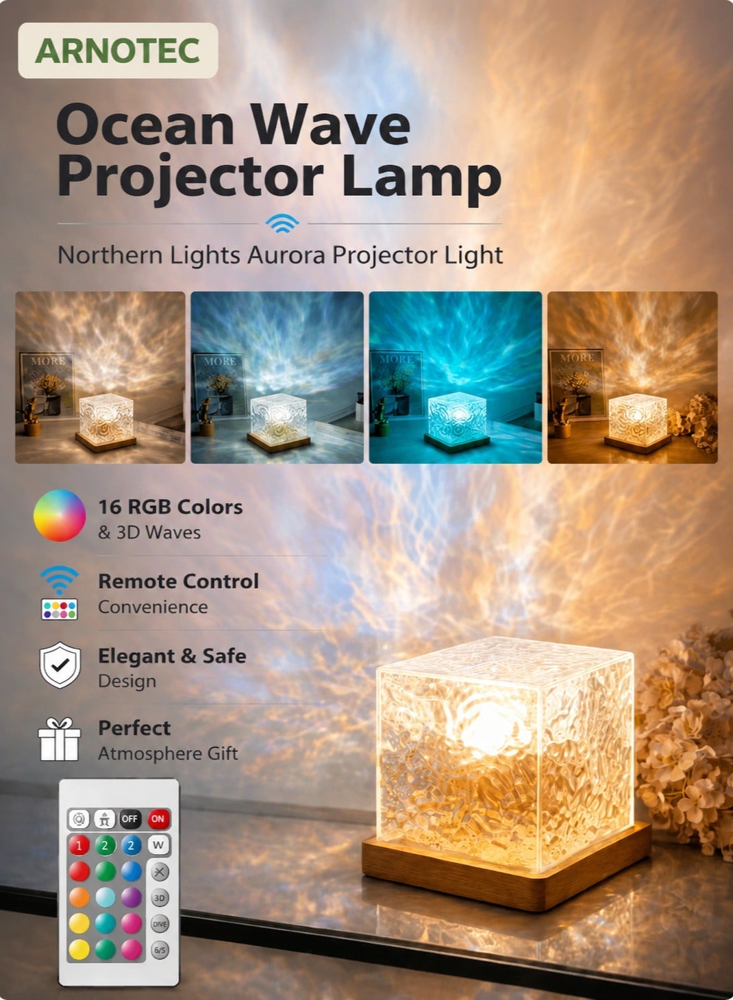 Ocean Wave Projector Lamp – 16 Colors Aurora Northern Lights Night Light with Remote Control, Crystal Water Ripple Lamp for Bedroom & Room Decor