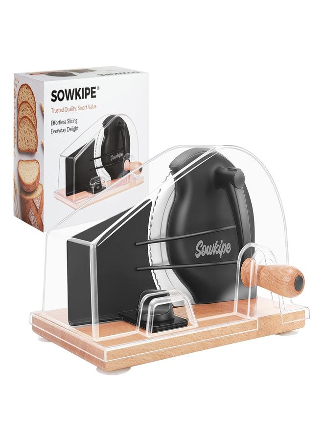 SOWKIPE Upgraded Manual Bread Slicer for Homemade Sourdough Bread, Adjustable Thickness Hand Crank Bread Cutter with Metal Guide, Scale Line, Even Slices, Suction Cups, Cover (Black) - Image 1