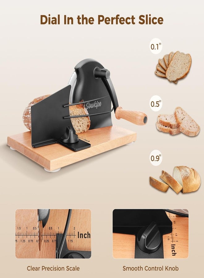 SOWKIPE Upgraded Manual Bread Slicer for Homemade Sourdough Bread, Adjustable Thickness Hand Crank Bread Cutter with Metal Guide, Scale Line, Even Slices, Suction Cups, Cover (Black) - Image 2
