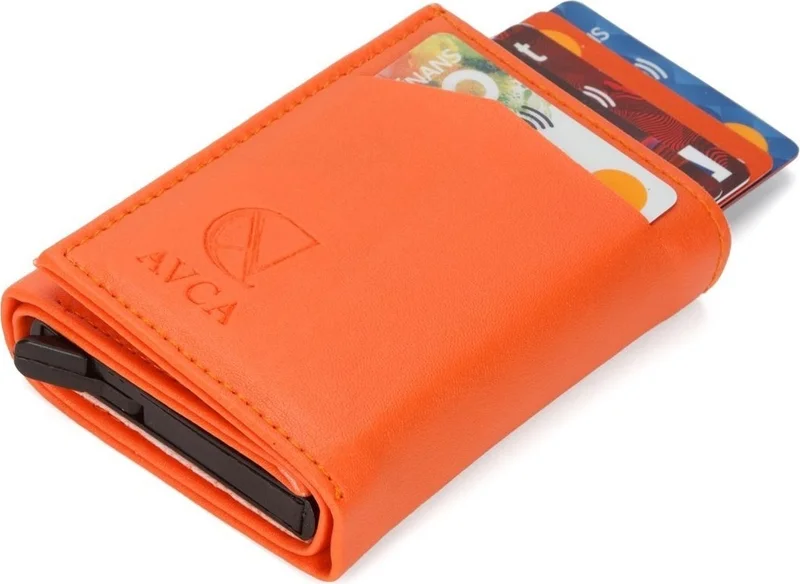 افكا Av A Dos Orange Wallet Vegan Leather Cash Compartment Sliding Mechanism Wallet Card Holder