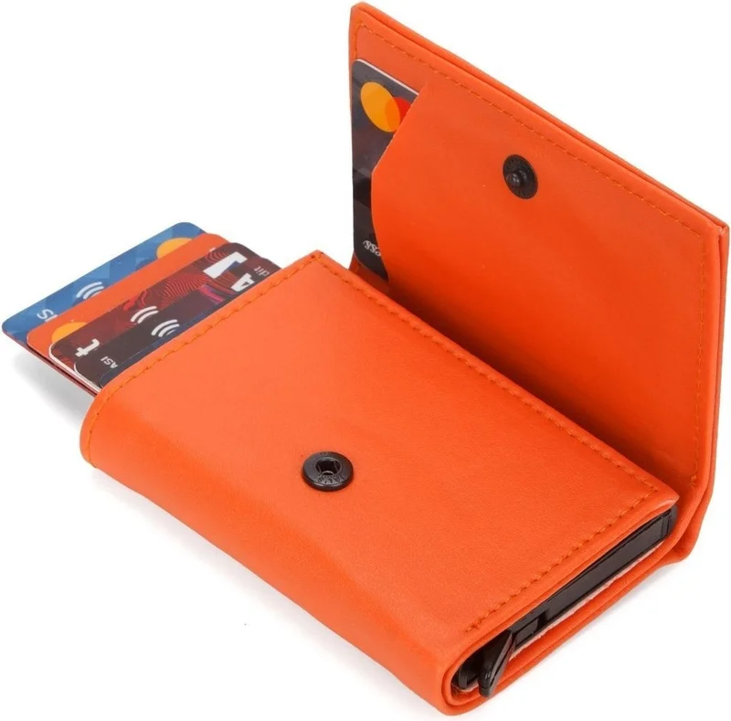 افكا Av A Dos Orange Wallet Vegan Leather Cash Compartment Sliding Mechanism Wallet Card Holder