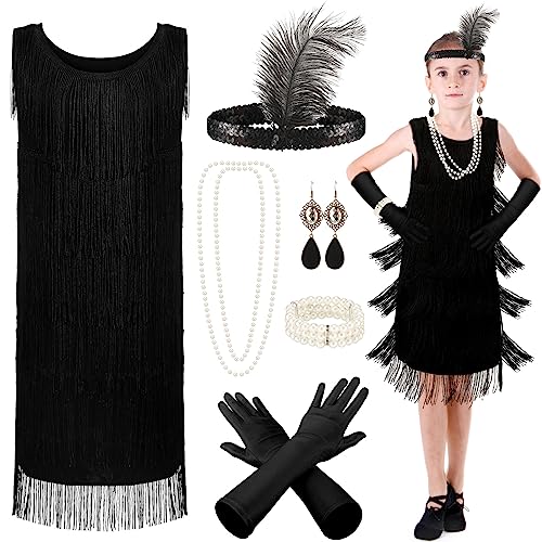 Xaatren 6 Pcs Girls 1920s Flapper Dresses Costume Set Roaring 20s Gifts Accessories Kids Birthday PartyMedium - Image 1