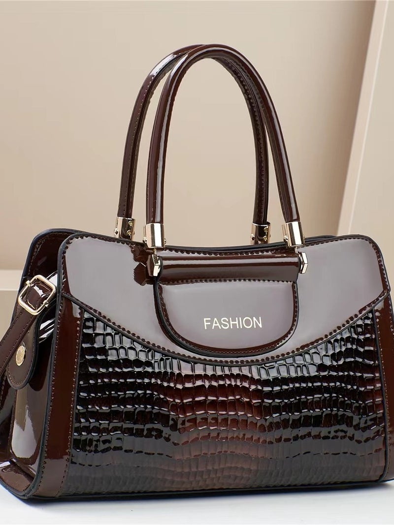 New Trendy All-Match Bright Leather Crocodile Pattern Middle-Aged Women'S Shoulder Handbag Large Capacity Fashionable Commuter Crossbody Bag - Image 2