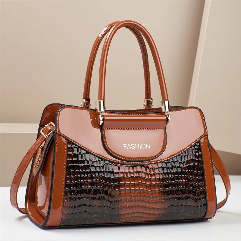 New Trendy All-Match Bright Leather Crocodile Pattern Middle-Aged Women'S Shoulder Handbag Large Capacity Fashionable Commuter Crossbody Bag - Image 1