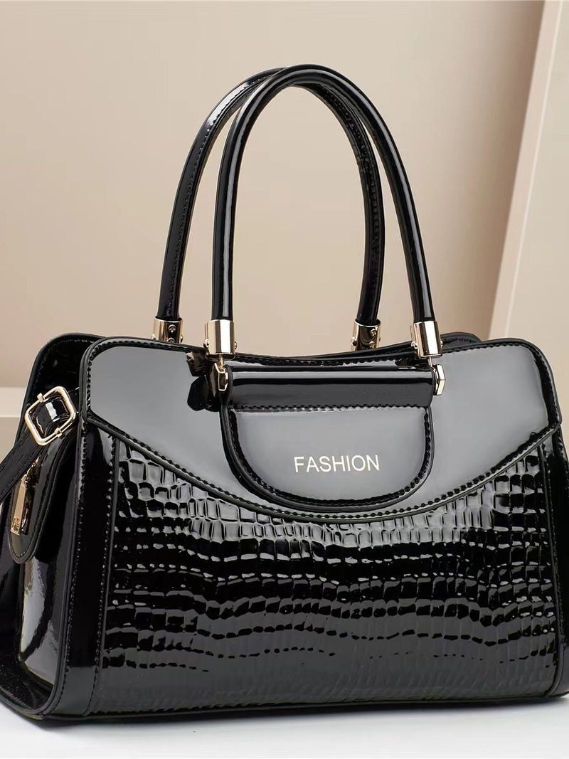 New Trendy All-Match Bright Leather Crocodile Pattern Middle-Aged Women'S Shoulder Handbag Large Capacity Fashionable Commuter Crossbody Bag - Image 3