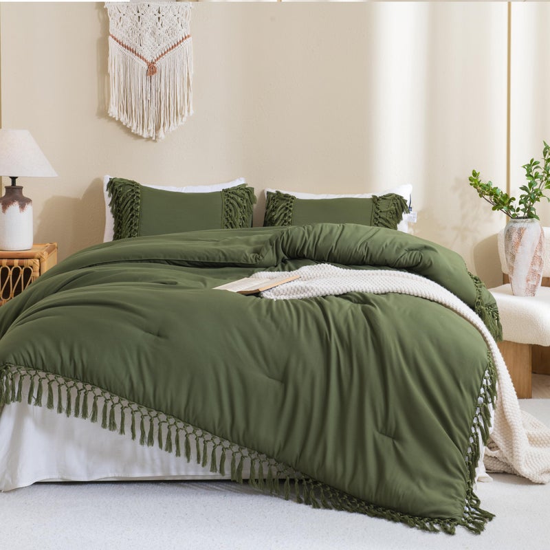 Andency Andency Olive Green Comforter Set Queen  3 Pieces Boho Tassel Lightweight Soft Bedding Comforter Sets  All Season Fluffy Fringe Bed Set (90x90In Comforter & 2 Pillowcases)  - Image 1