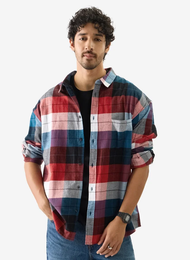 The Souled Store Men Plaid Multicolor Relaxed Fit Shirt in Black, Blue, and Red